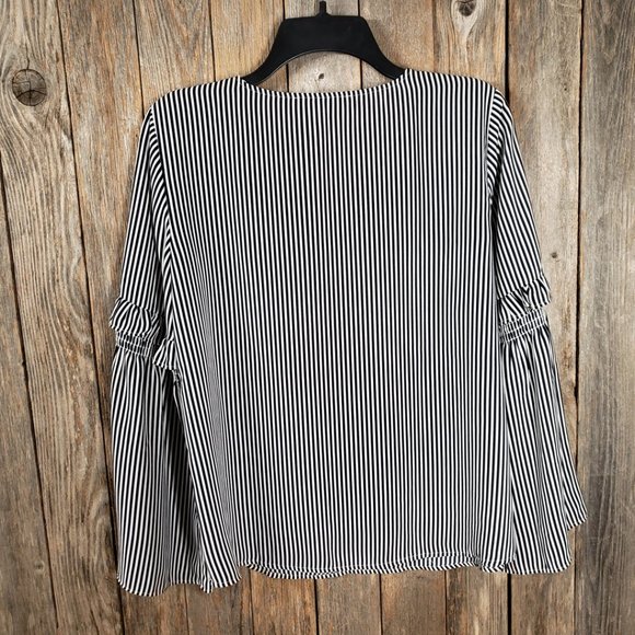 Loft S Women's Blue White Striped V Neck Ruffle Bell Sleeve Blouse Top - Picture 4 of 6